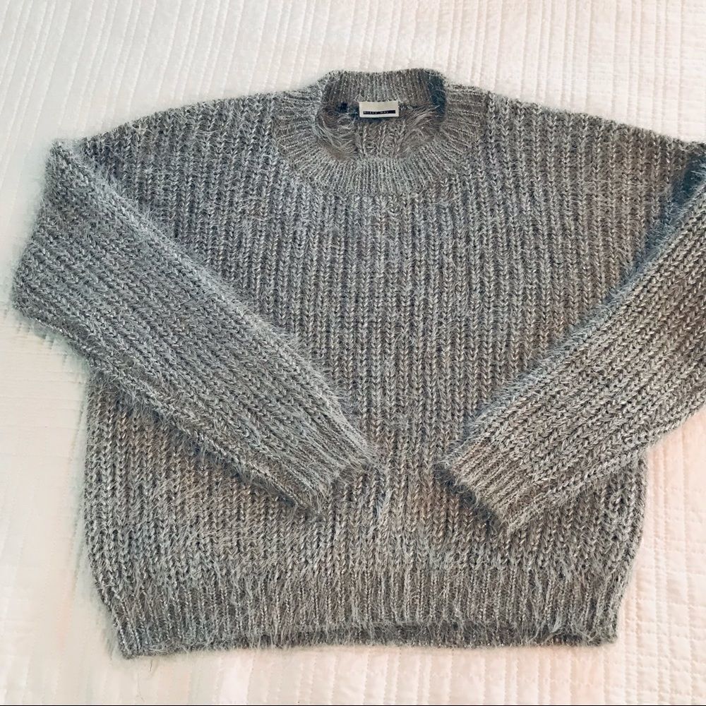 Noisy May Gray Fuzzy Crew Neck with Silver Sparkle Thread and Feathered Back